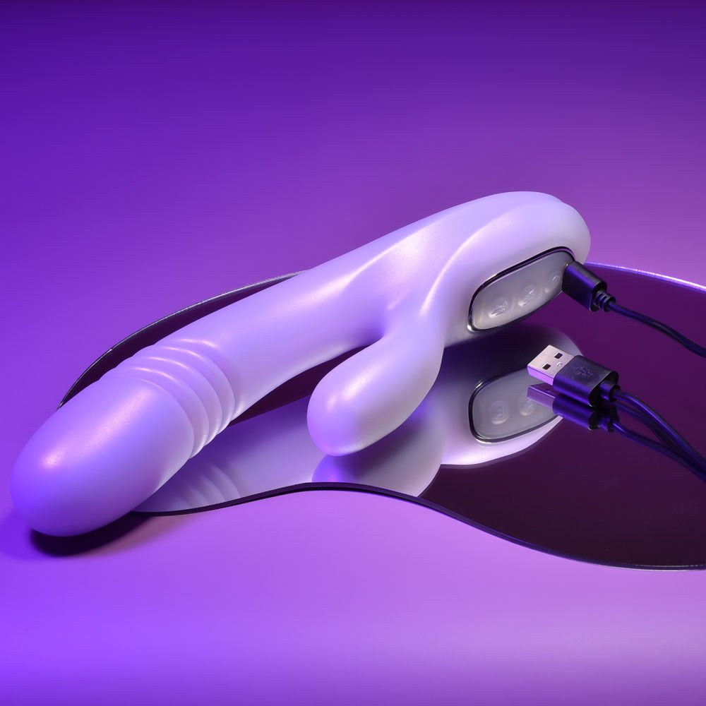 Playboy - pleasure bumping bunny - rabbit vibrator - Product top view, focus on charger  | Flirtybay